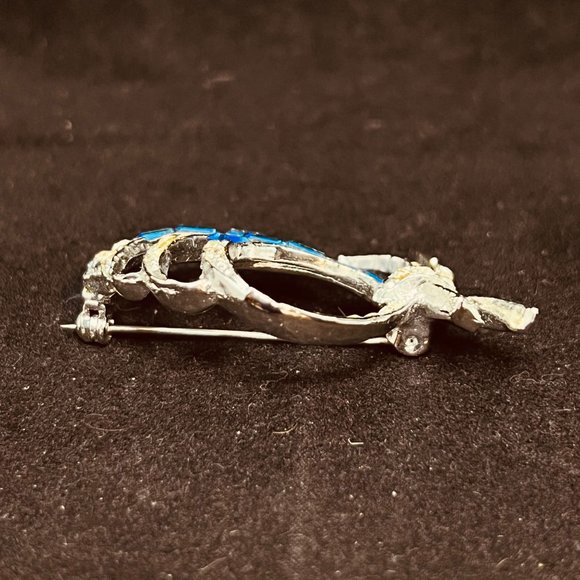 Vintage Silver Tone, Clear Round Rhinestone And Blue Baguette Bow Brooch (3808) - Picture 7 of 7